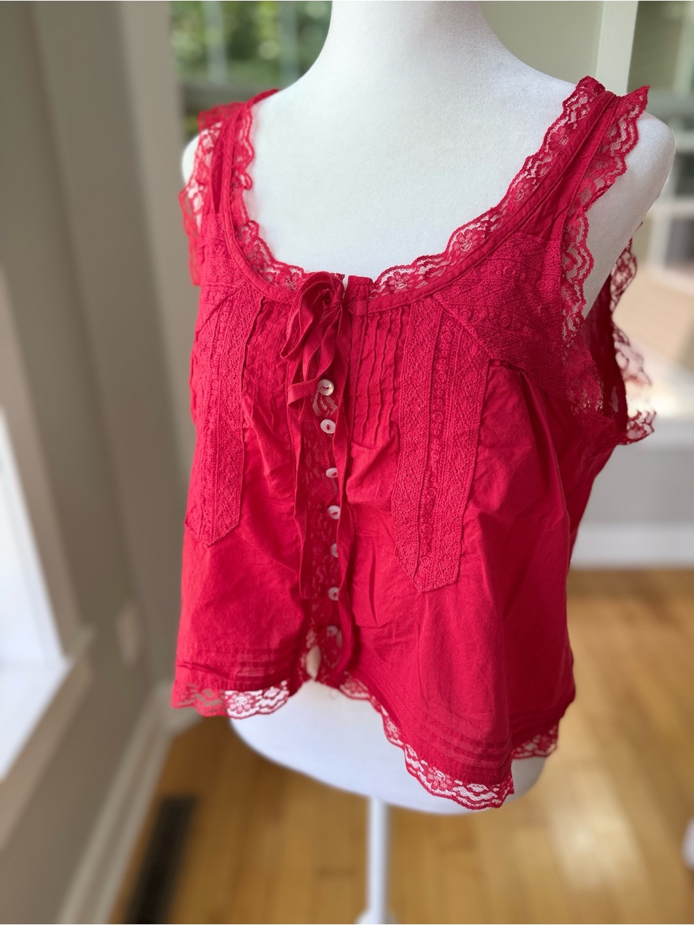 Vintage Red Cotton Lace-Trim Button Front Camisole Tank Top Size Large - Picture 3 of 9